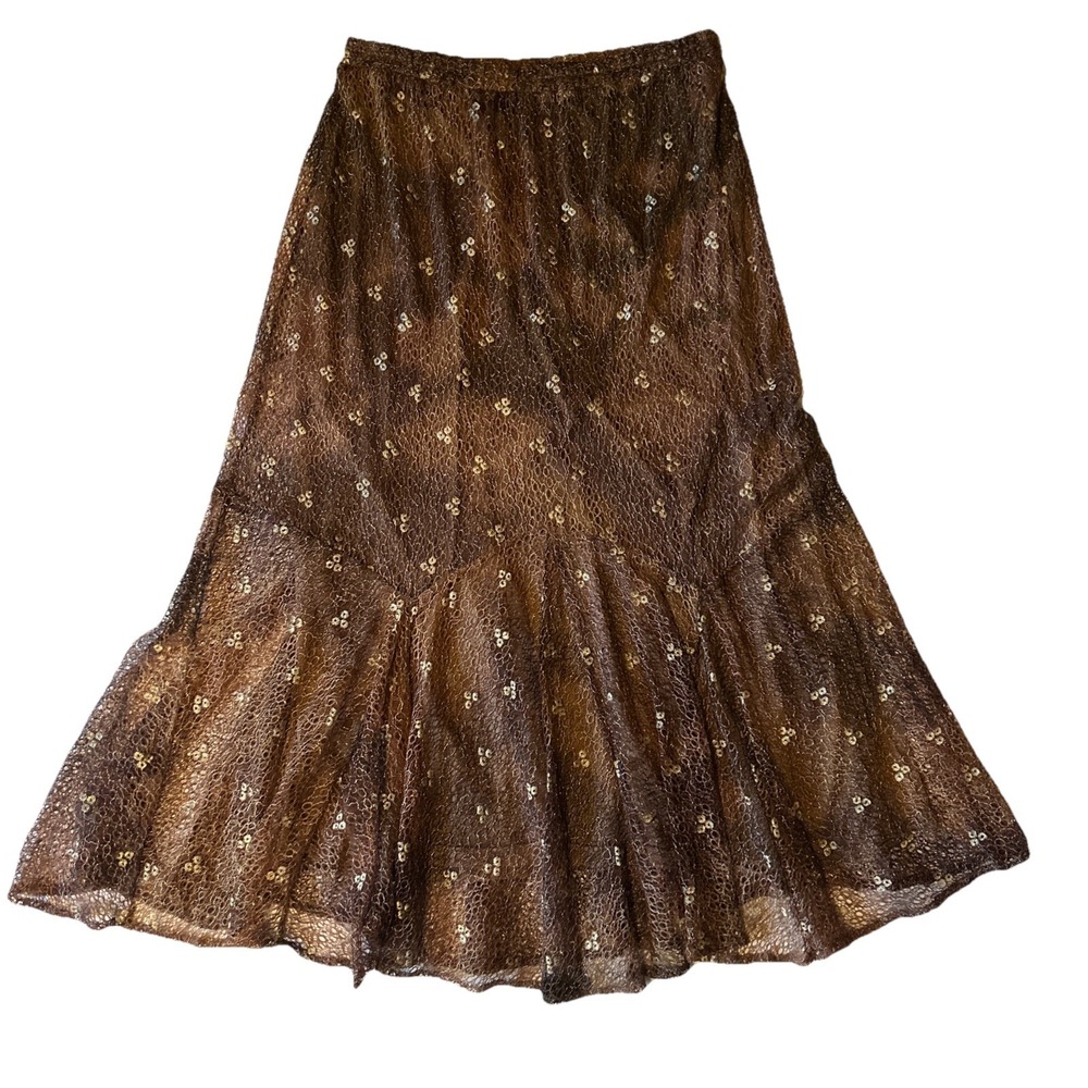 Reba Lace Overlay Maxi Skirt Brown Lace Gold Threads Gored Insets At Hemline Med